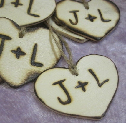 2" Rustic Wedding wood Heart Favor Tag Charms Personalized Initials Bride Groom woodburned