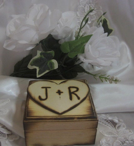 Rustic Wedding Ring Bearer Box Keepsake Woodburned Personalized Engraved Natural Pillow Alternative