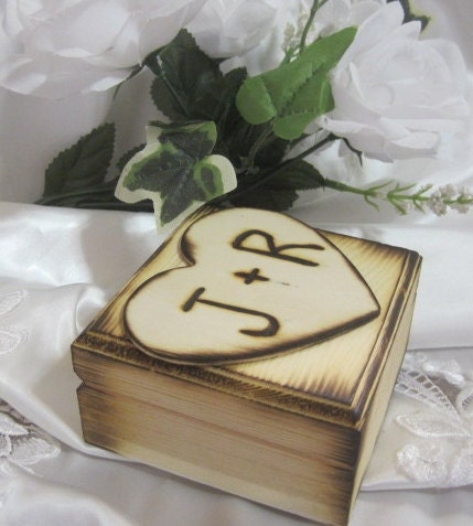Rustic Wedding Ring Bearer Box Keepsake Woodburned Personalized Engraved Natural Pillow Alternative