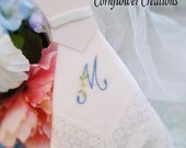 Monogrammed Wedding Day Bridal Dress Handkerchief Hand Embroidered - Something Blue For the Bride