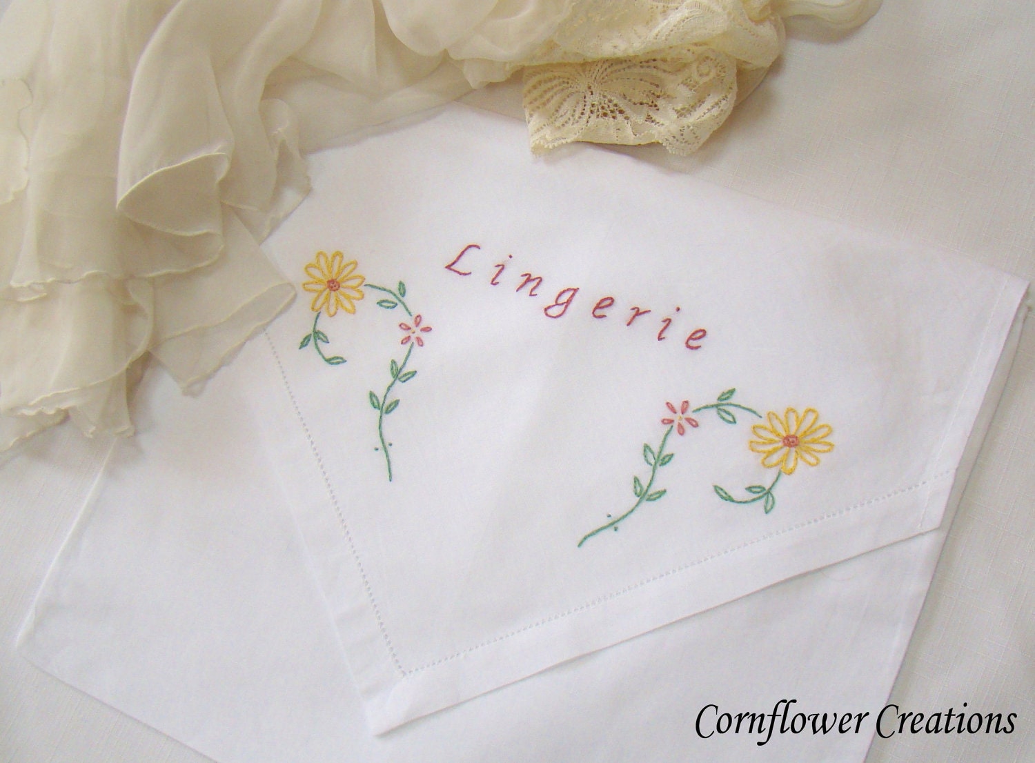 Hand Embroidered Lingerie Bag For The New Bride  - Cornflower Creations Original