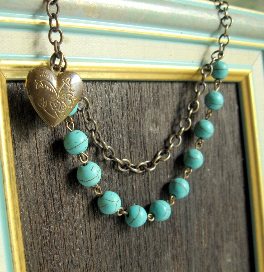 Turquoise Jewelry Bib Necklace with Locket    Shabby Chic Cottage Style Mothers Day Outdoor Wedding Garden