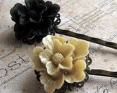 Creamy Ecru and Soft Black Sakura HairpinsCottage Style Shabby Chic Mothers Day Outdoor Bridal Garden
