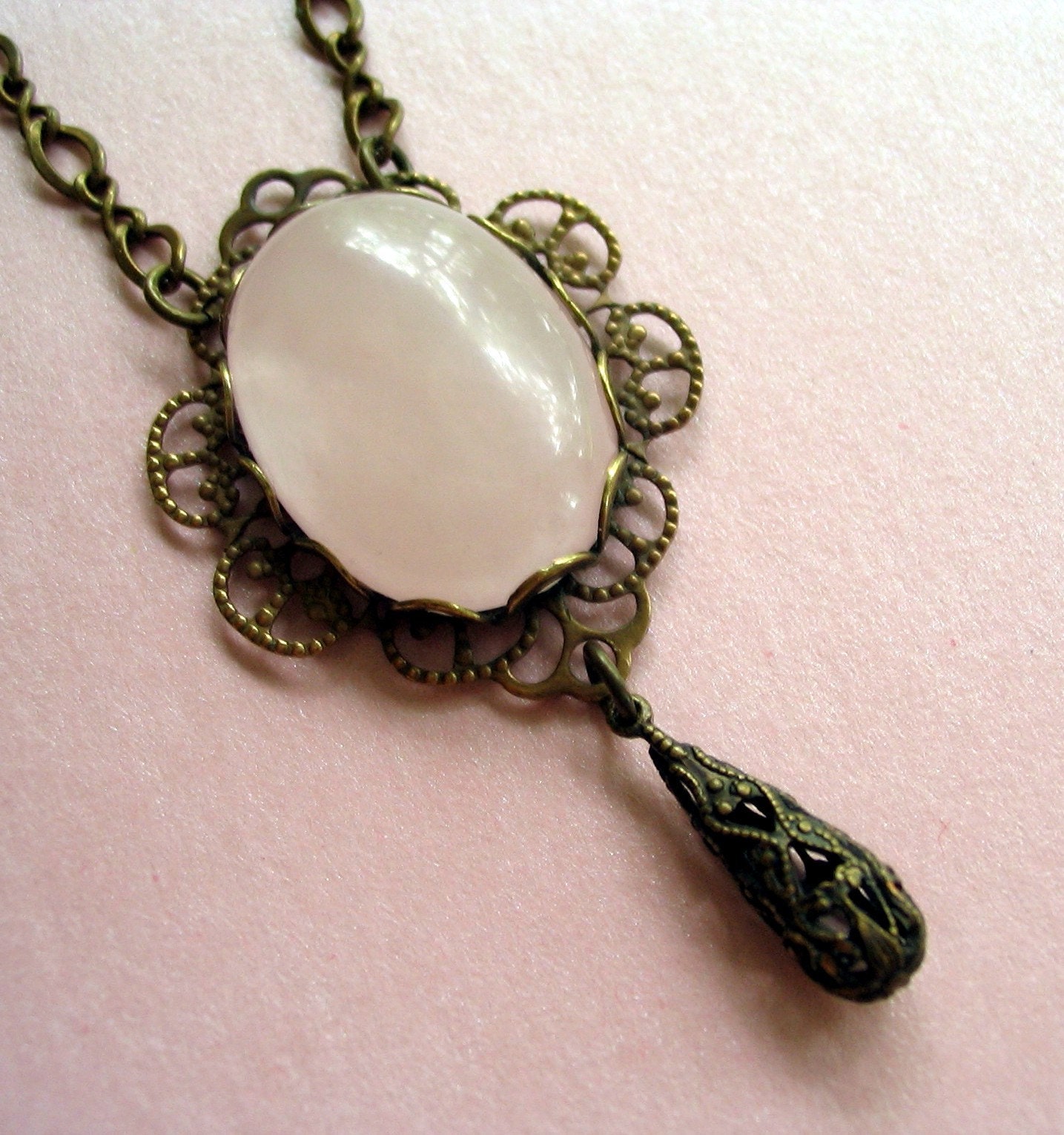 Pink and Brown - Rose Quartz and Brass Pendant Necklace