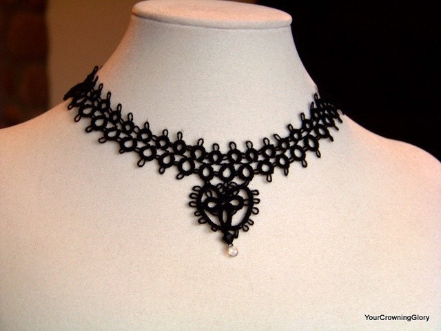Black Heart Tatted Necklace & Swarovski Crystal