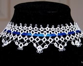 White Lace Tatted Choker with genuine Swarovski crystals and blue ribbon tie
