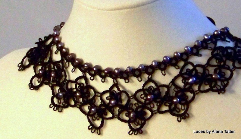 Lady Dedlock - Stunning Wide Black Tatted Necklace with Purple Pearls
