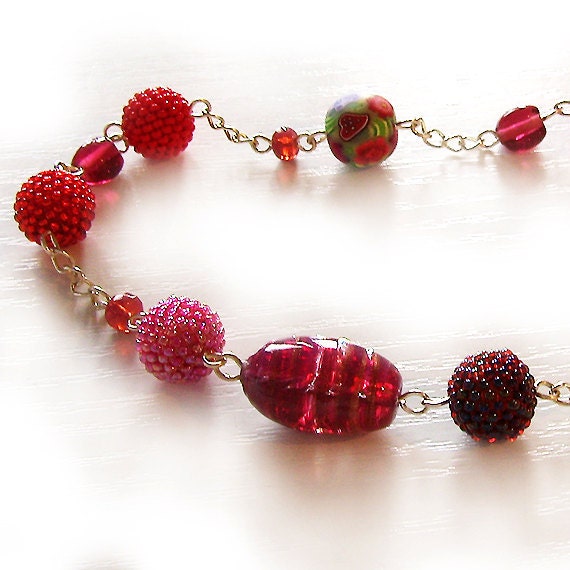 For Lovers - Glass Pink and Red Beads Long Necklace