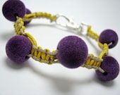 Funky Fuzzy Purple Beaded Macrame Yellow Leather and Natural Hemp Bracelet