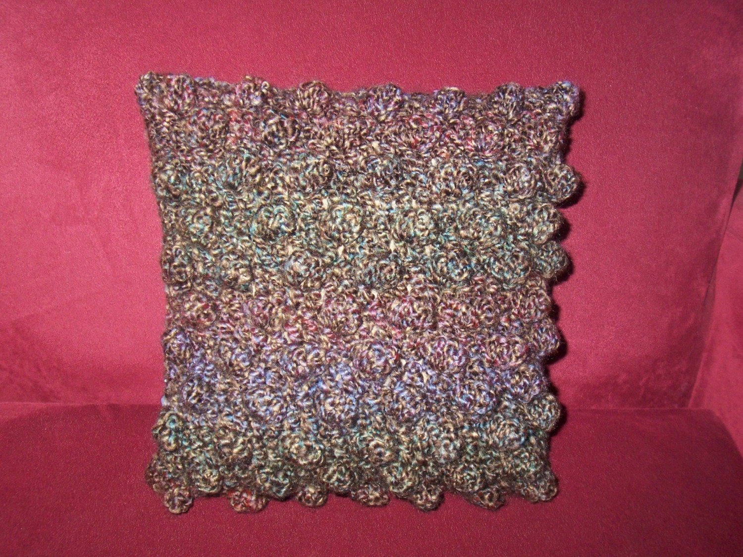 crochet popcorn pillow (brown/purple/green)