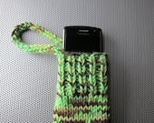knit gadget cozy (lime green/brown/tan)