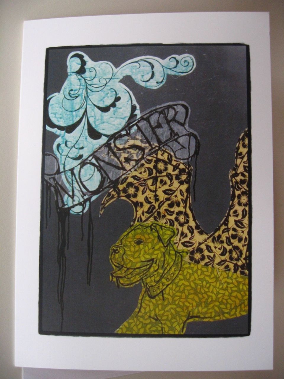 monster dog, 2 blank pet portrait greeting cards