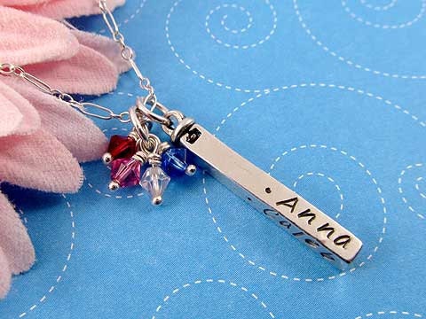 Personalized Necklace, Sterling Silver Bar with Birthstones, Custom Swivel Bar, Sterling Silver Handstamped Mom Necklace