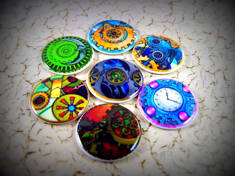 1" Flat Back Brite Steampunk Buttons, 12 Count