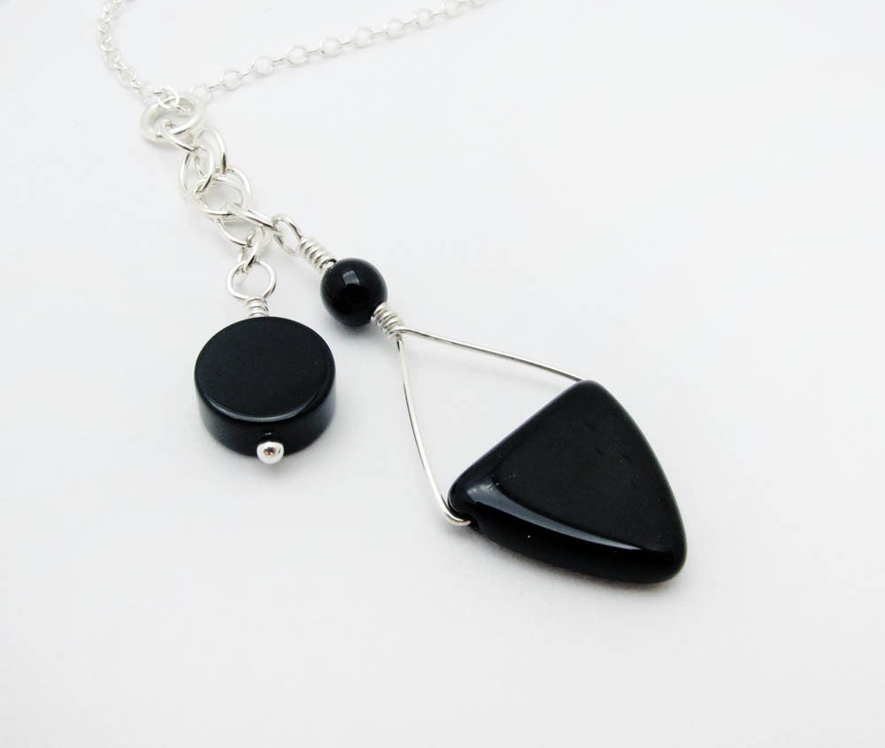 Mod black onyx dangle geometric sterling silver and Czech glass triangle necklace - SharonClancyDesigns