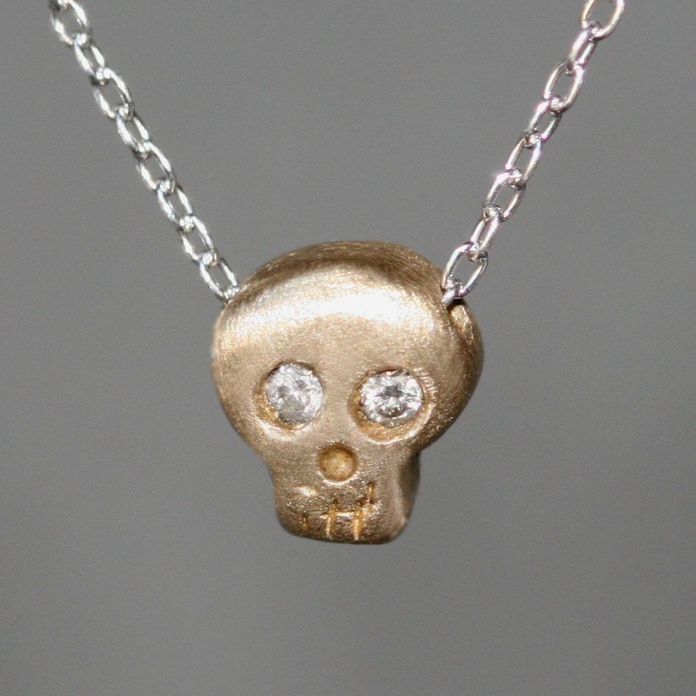 Baby Skull Necklace in 14K Yellow Gold with Diamonds on Silver Chain