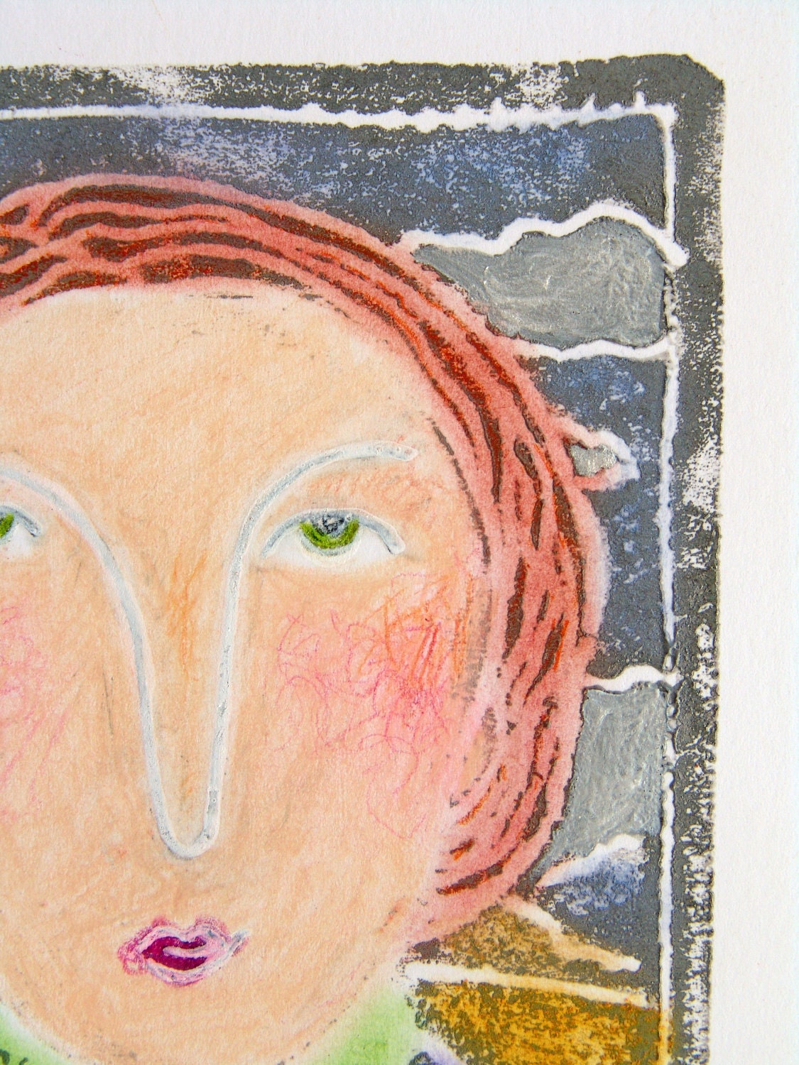 Lisa Mona Series - Where's My Silver Lining -- Altered Hand Pulled Print Mixed Media Pastels colored pencil acrylics
