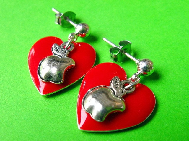 Hearts and Apple Studs - Red Heart  and Apple Earposts