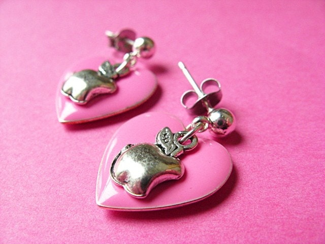 Hearts and Apple Studs - Pink Heart  and Apple Earposts