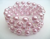 Crystal and Pink Pearl Beaded Memory Wire Wrap Bracelet, Cuff Bracelet, Chunky Bracelet, Bridal Jewelry - Handmade by Kim Smith