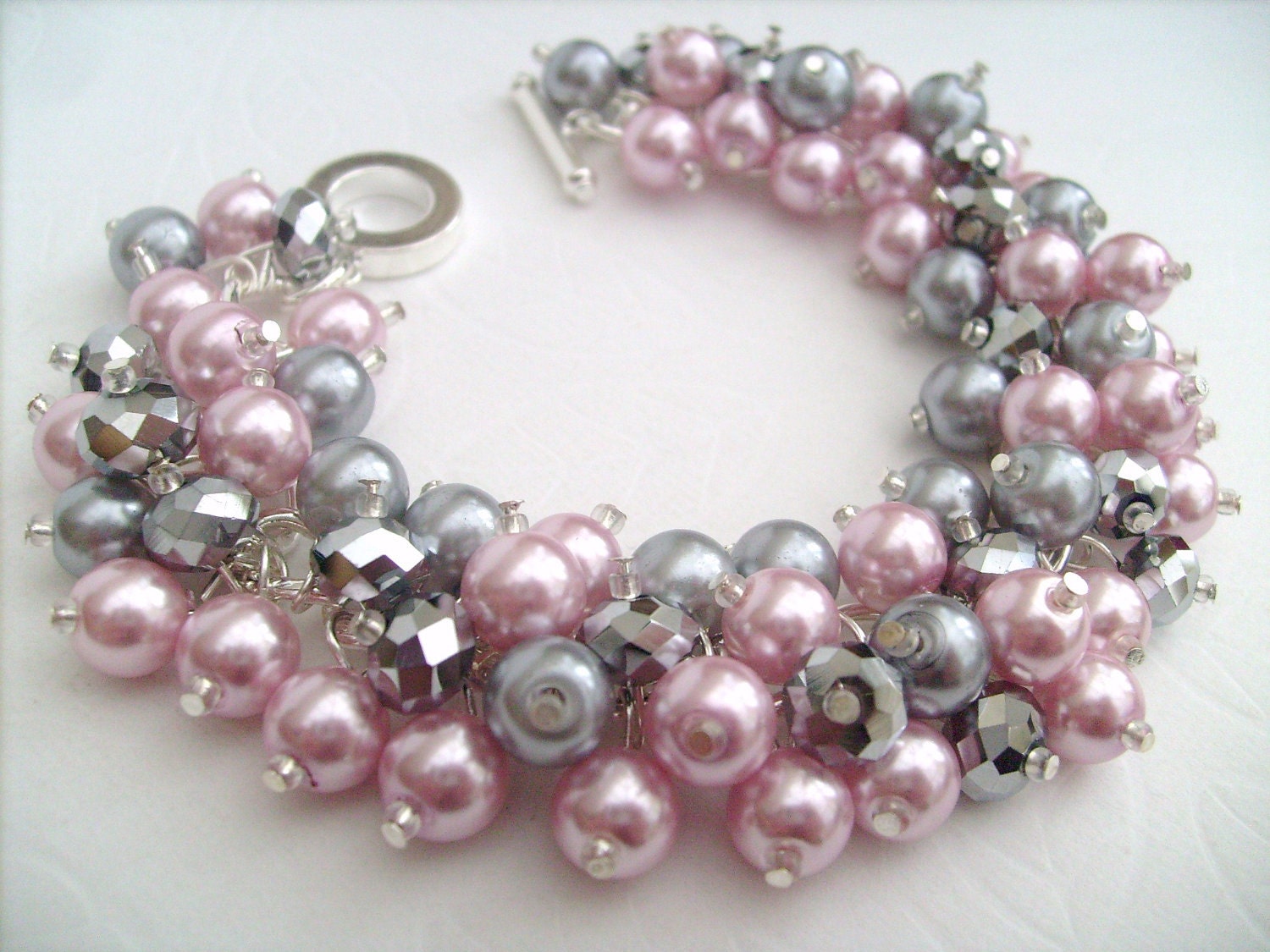 Pink and Silver Bracelet, Pearl Bracelet, Bridesmaids Bracelet, Beaded Bracelet, Cluster Bracelet, Pearl Bracelet - Designs by Kim Smith