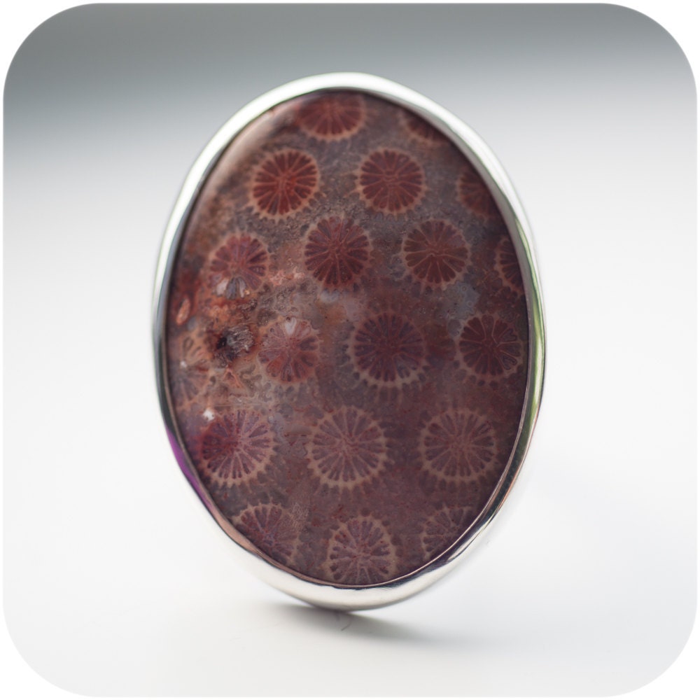 Big Oval Coral Fossil Sterling Silver Ring - Blush purple red and pink dots