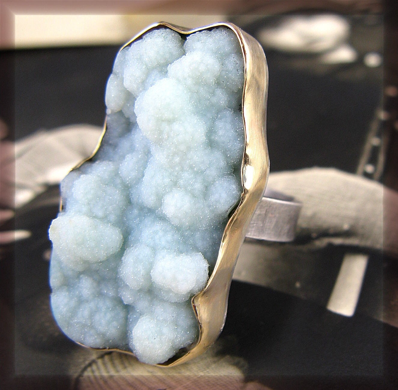 SALE - Undulate - Rare Chrysocolla Druzy, 14k Gold, and Oxidized Sterling Silver Ring
