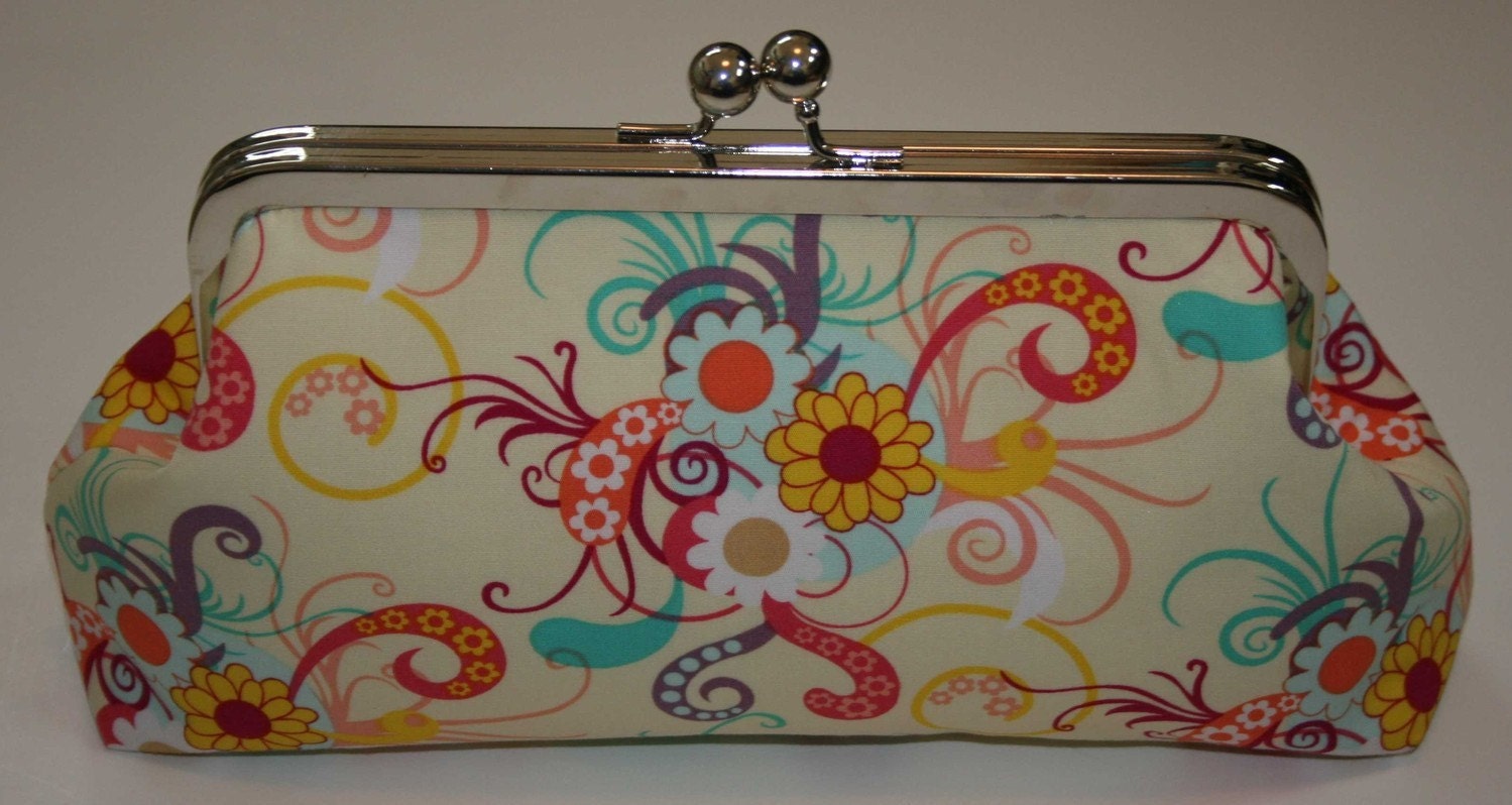 Kisslock Clutch Purse Vanilla Yellow Hot Pink Lavender Teal Swirly Blooms