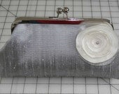 Bridal Clutch/Bridesmaid Clutch/Holiday Clutch/Evening Bag in Silver Dupioni Silk with Ivory Satin Organza Poppy