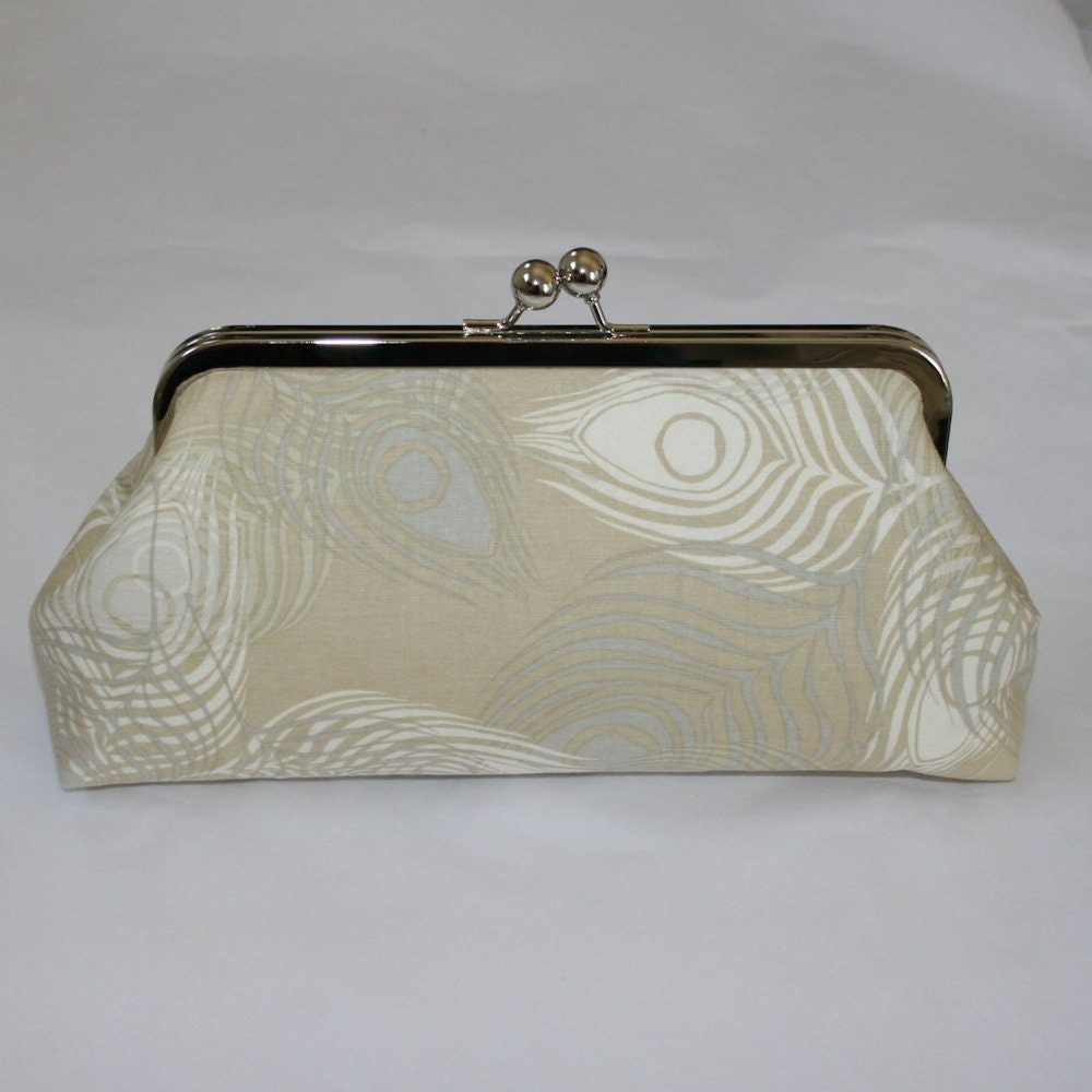 Bridesmaid Clutch in Taupe Ivory Peacock Feathers