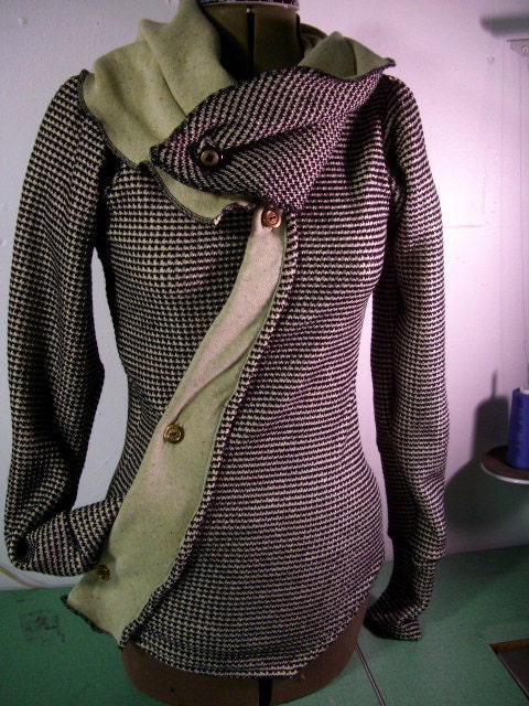 Jodene's Boyfriend Cardigan jacket-- asymmetrical buttoned sweater with pocket and adjustable collar.