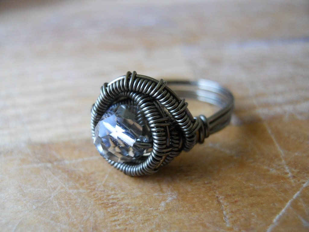 Smoke Gray Ring Faceted Crystal Bead Wire Wrapped in Gunmetal Parawire Size 7 Free Shipping