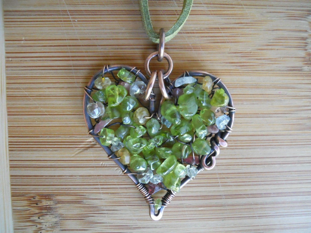 Peridot Chip Heart Pendant Green Gemstone Chips Wire Wrapped in Oxidized Copper