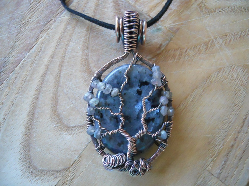 Tree of Life Pendant Black Labradorite Larvikite Wrapped in Hammered Oxidized Copper Wire