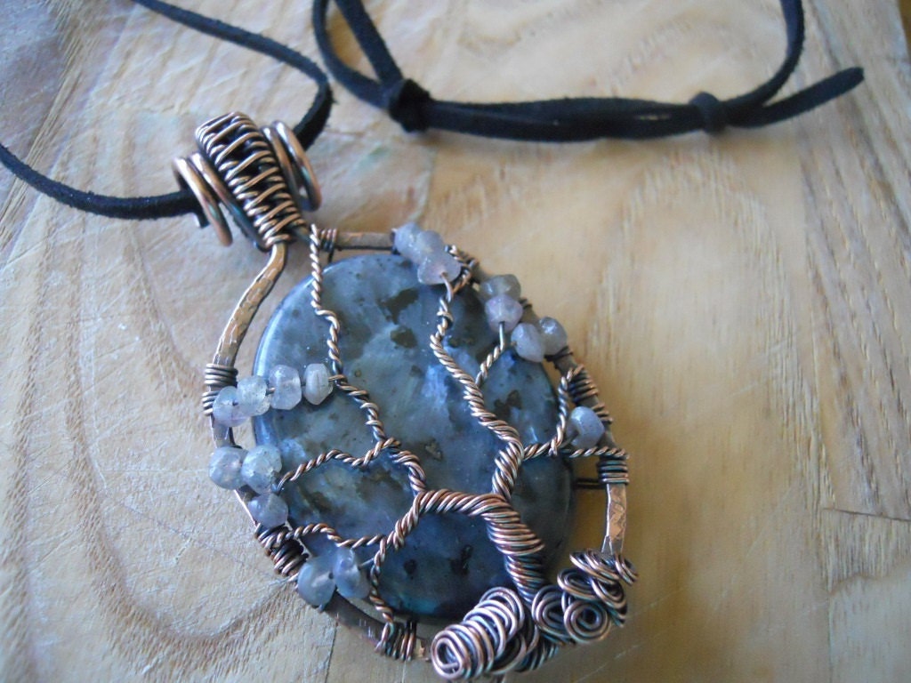 Tree of Life Pendant Black Labradorite Larvikite Wrapped in Hammered Oxidized Copper Wire