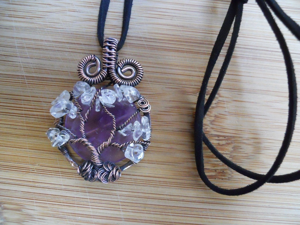 Tree of Life Pendant Amethyst Clear Quartz Wrapped in Hammered Oxidized Copper Wire