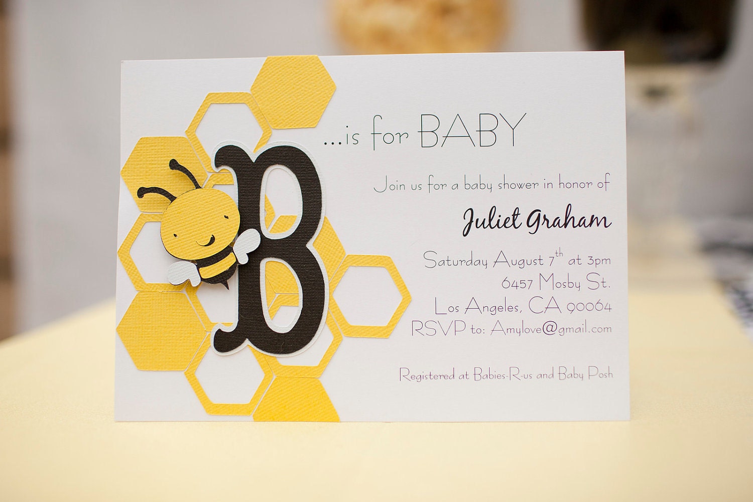 Baby Shower Invitations - Honey Bee theme and B is for baby Set of 10 - Handmade