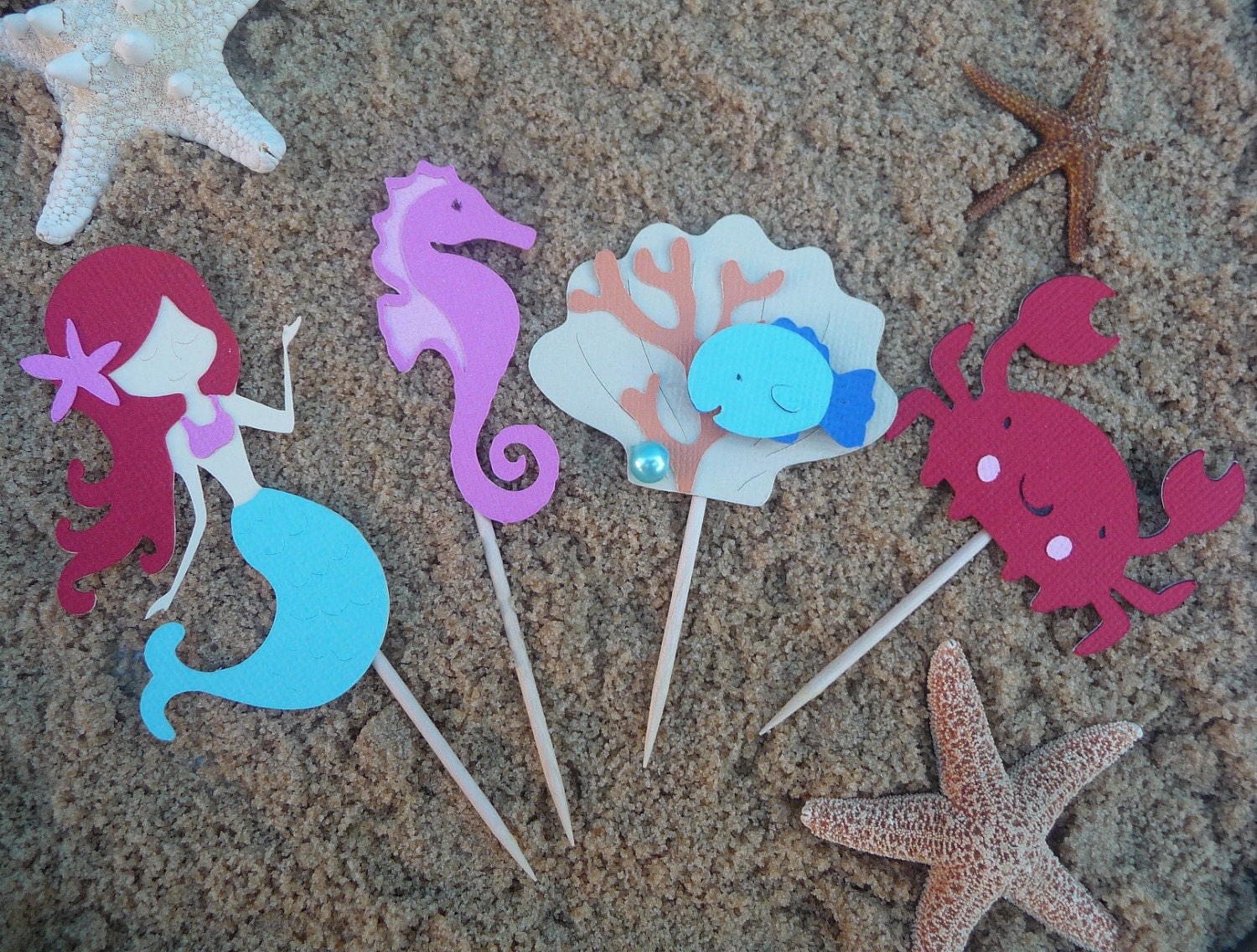 Red Head Mermaid Under the Sea Theme Party Cupcake Toppers Set of 8