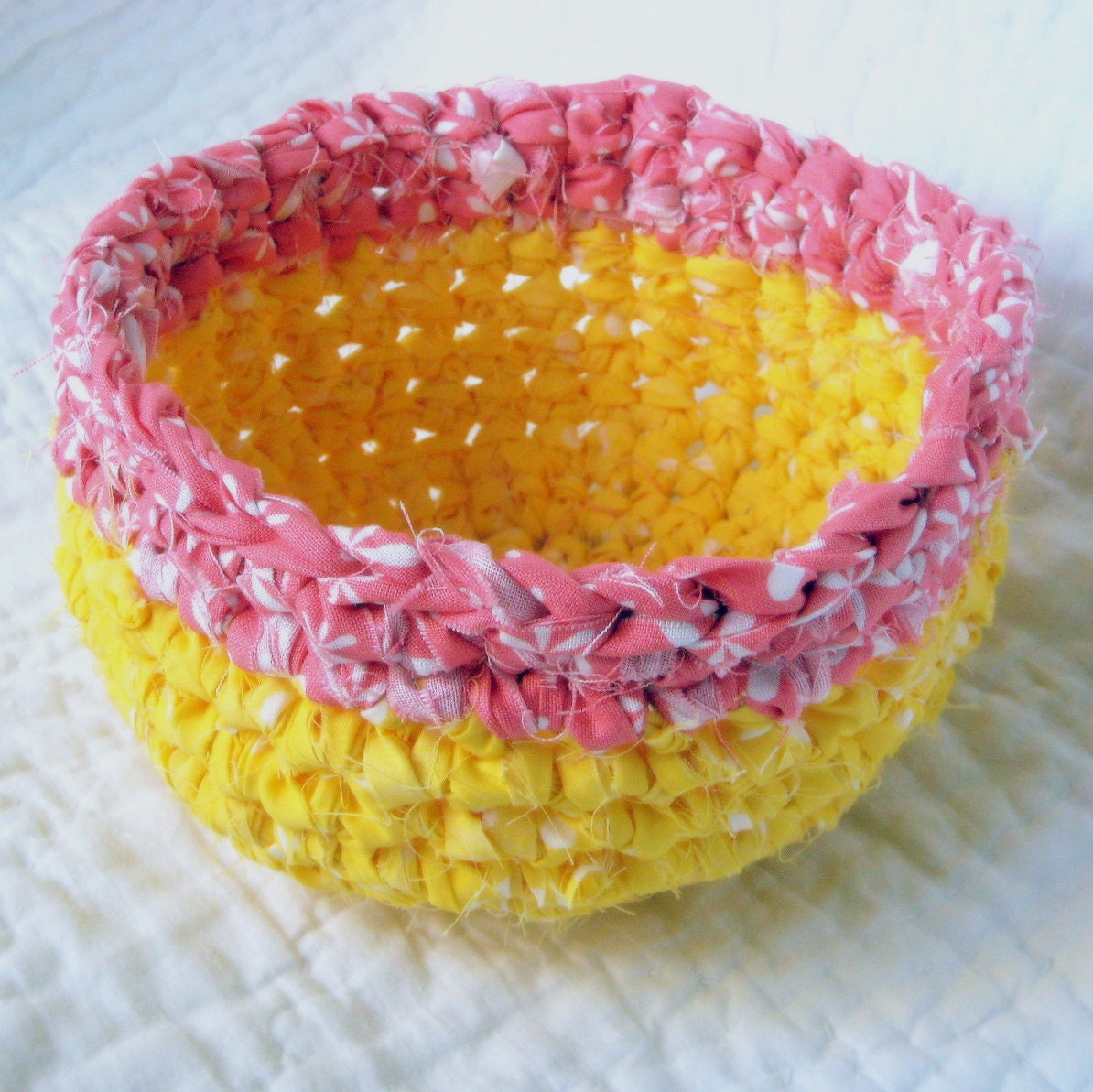 Pink Lemonade Rag Basket - Crochet Fabric Strips Spring Colors Yellow Pink Coral