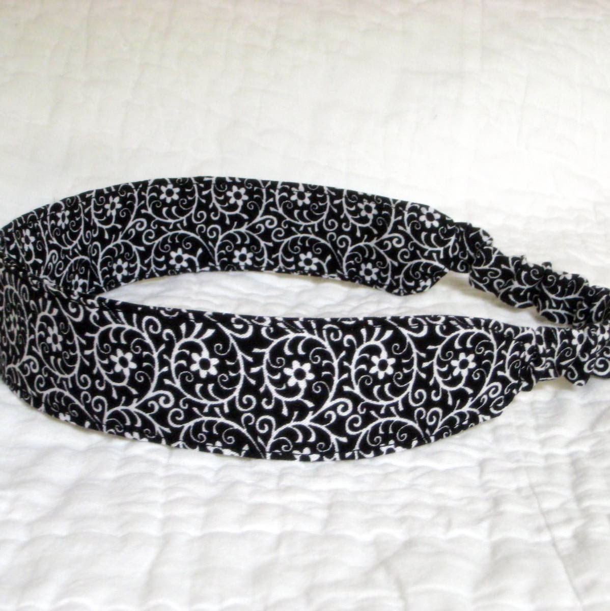 Classic Black & White Fabric Headband - Black White Cotton - Floral Pattern