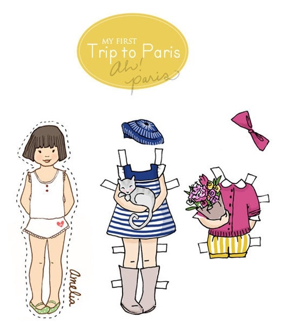 Paper Dolls - PDF Printable - My First Trip to Paris - 6 dolls and outfits