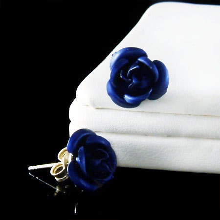 Dark Navy Blue Bridal Bride Bridesmaid Rose Flower Floral Stud Post Earrings