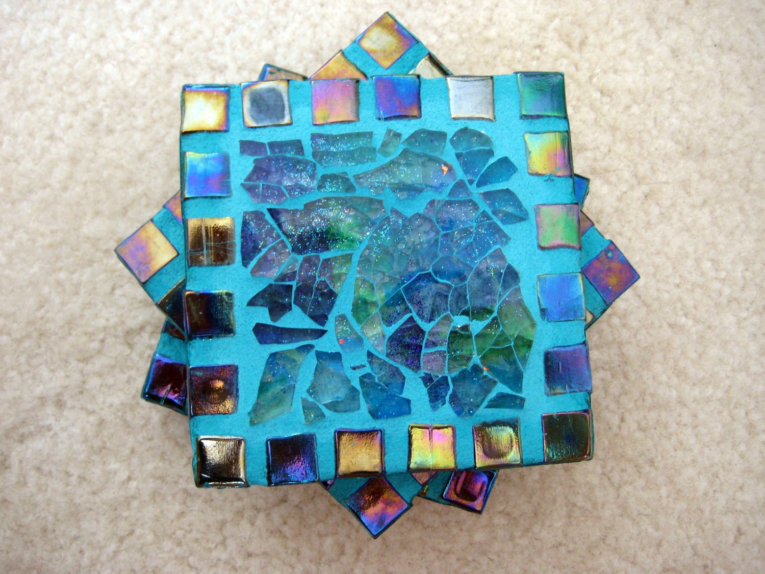 Blue/green rainbow tile coasters (set of 4)