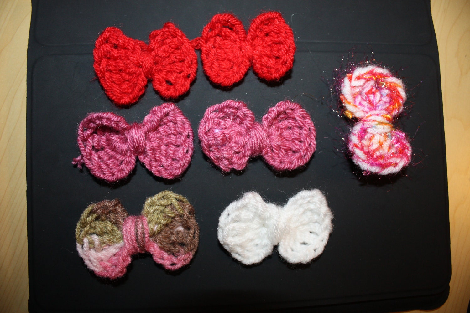 Crochet Hair bows, custom colors, itty bitty x2