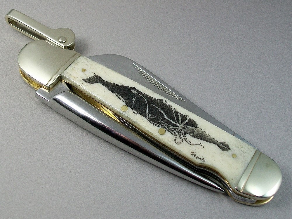 Scrimshaw Folding Marlin Spike Nautical Knife, Sperm Whale and Giant Squid