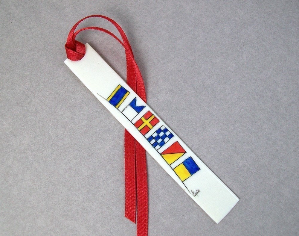 Scrimshaw Piano Key Bookmark, Nautical Flags,  Custom Name