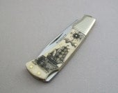 Scrimshaw Pocket Knife with Nautical Dock Scene and ship with compass rose medallion