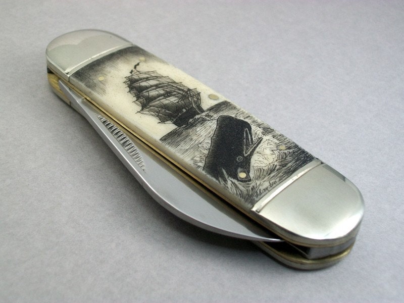 Scrimshaw Nautical Pocket Knife, Ship and Breaching Sperm Whale