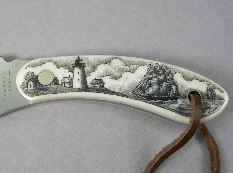 Scrimshaw fixed blade knife and leather sheath,sharpening rods, Nautical, seashore village, lighthouse and ships