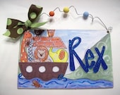 Hand personalized noah's ark room name sign for baby boy nursery or room